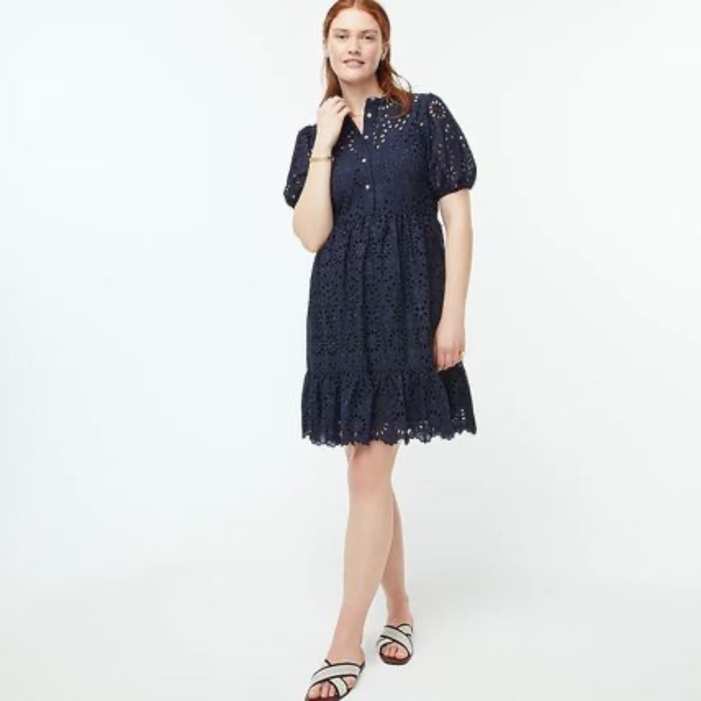 J.Crew Puff Sleeve Eyelet Dress Navy Blue